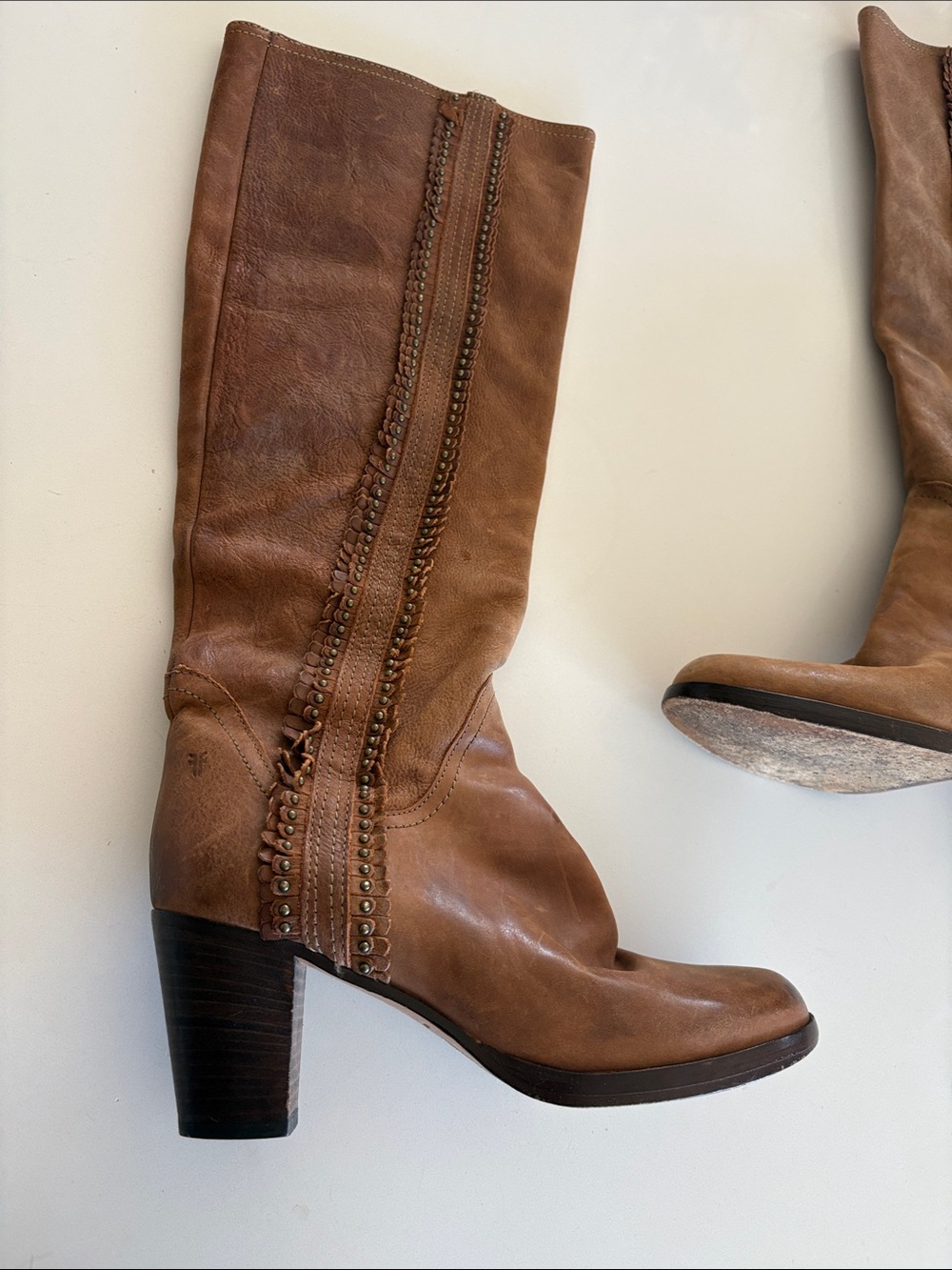 Frye Cognac Brown Scallop Studded Trim Leather Knee High Boots - Picture 3 of 17